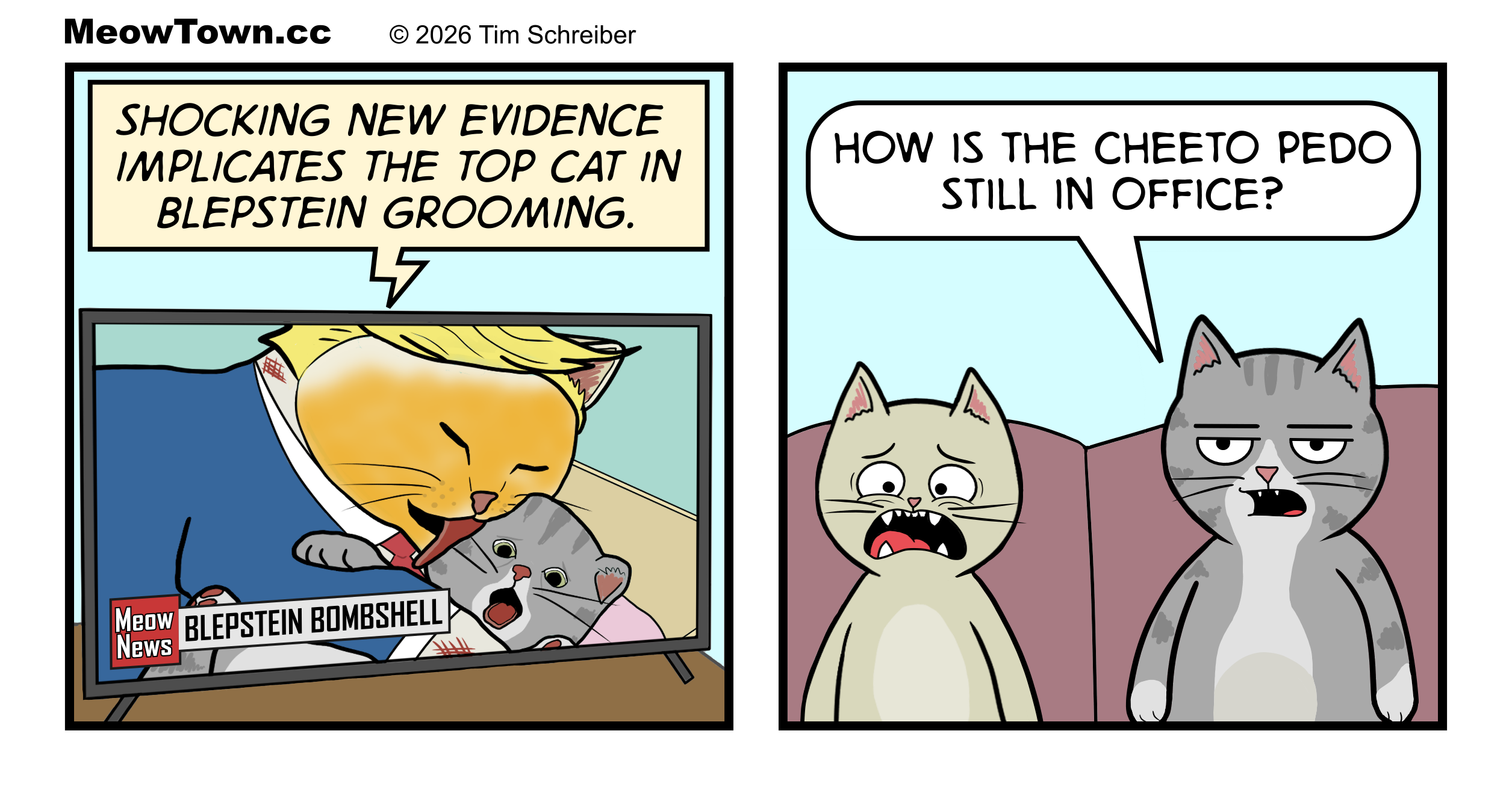 A two-panel MeowTown comic. Panel 1: A Meow News broadcast shows a cat resembling an orange-faced political figure grooming a distressed kitten. The chyron reads 'Blepstein Bombshell' and the broadcast headline reads 'Shocking new evicence implicates the Top Cat in Blepstein grooming.' Panel 2: Tater Tot stares in open-mouthed horror while Loki deadpans 'How is the Cheeto Pedo still in office?'